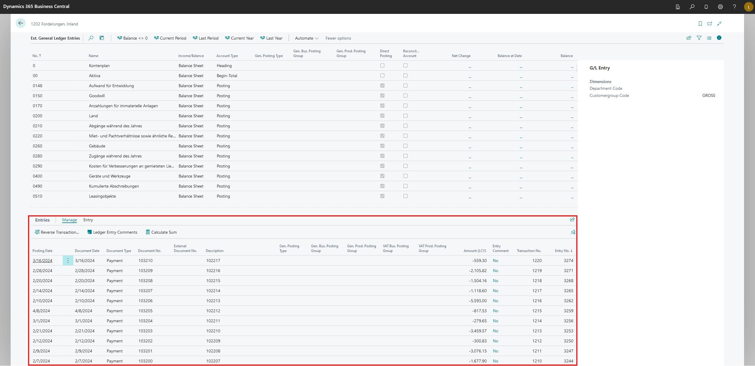 Ext. General Ledger Entries - bottom section
