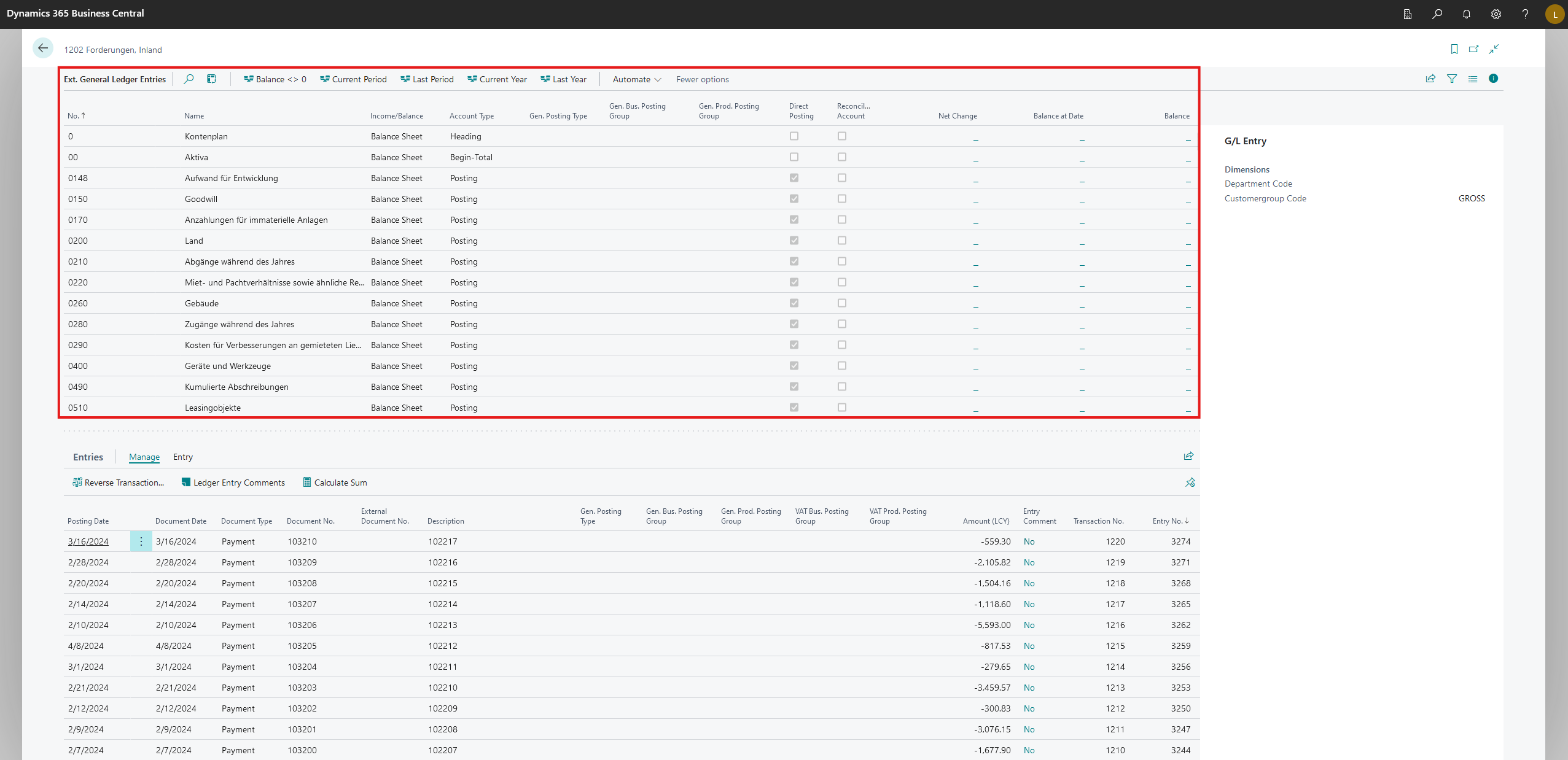 Ext. General Ledger Entries - top section