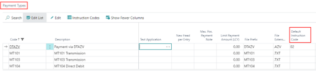 Payment types instruction key