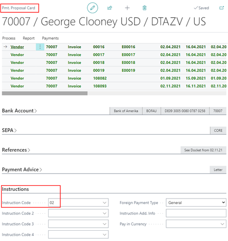 Payment types instruction key
